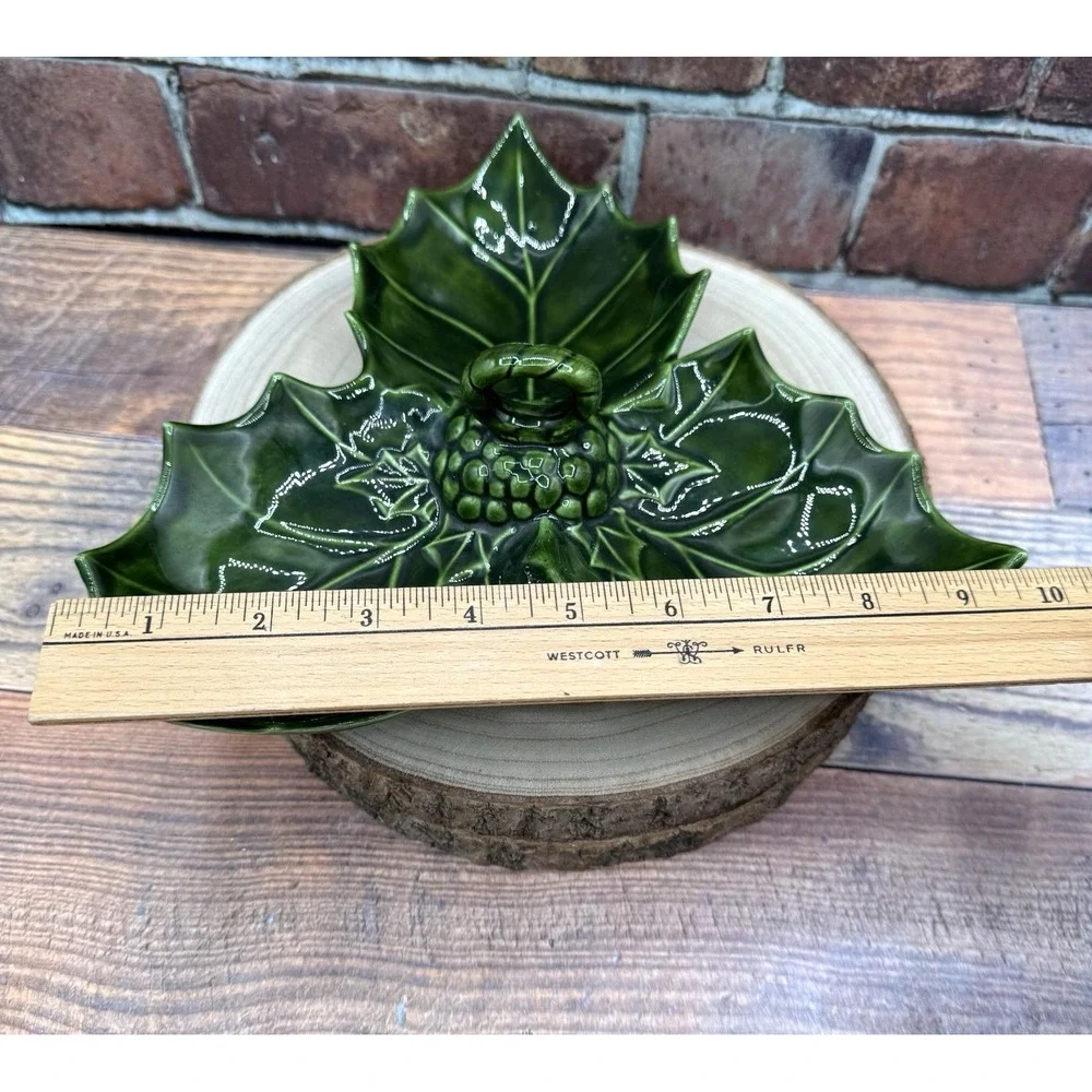 Vtg Majolica Style Holly Leaf Divided Serving Dish Green‎ Holiday Christmas MCM